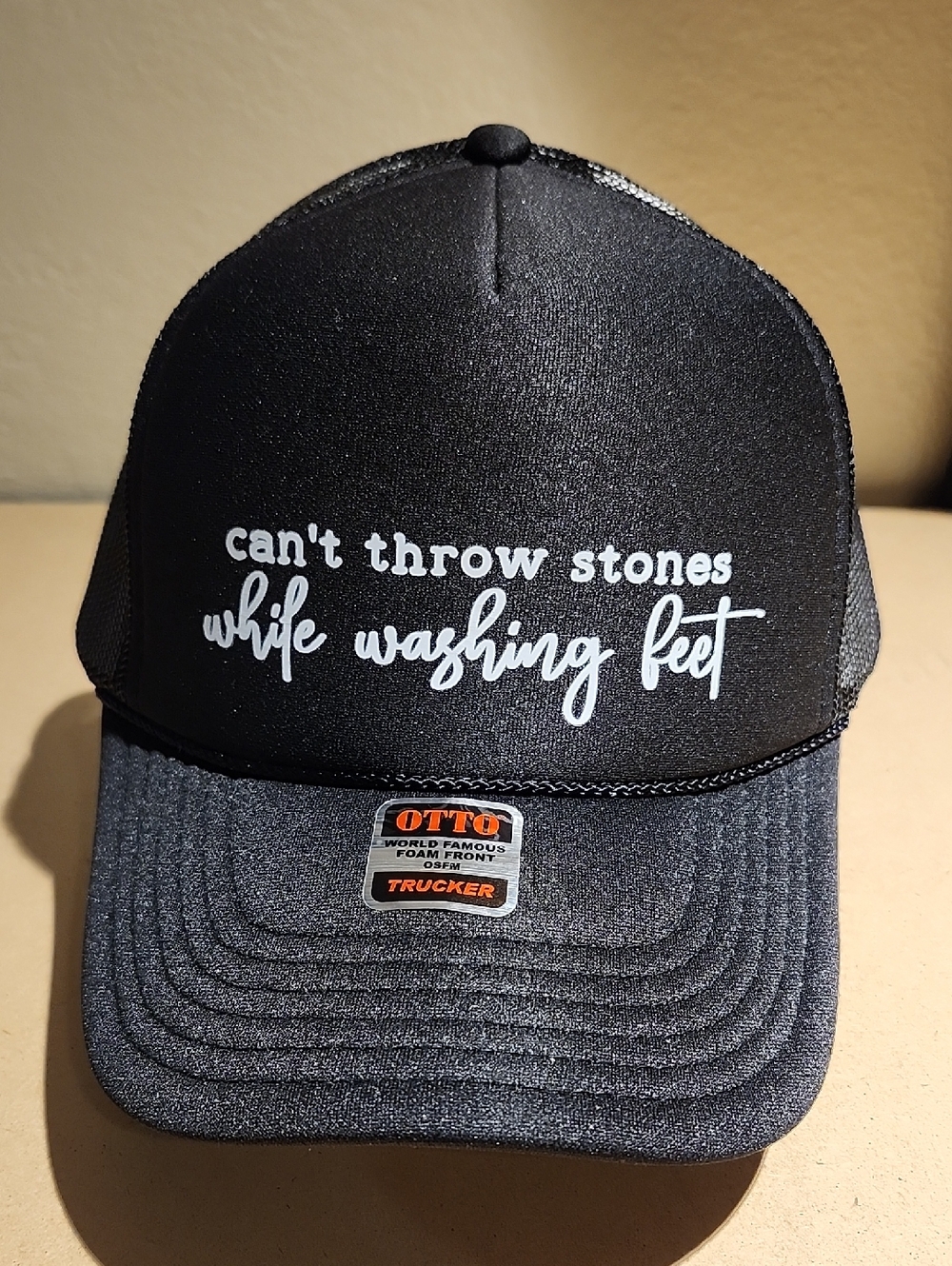OTTO Black Trucker Hat with White Script Slogan